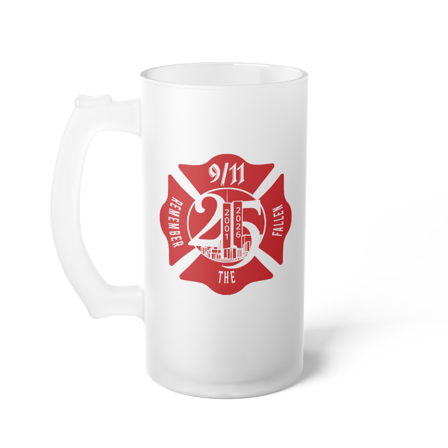 Frosted Glass Beer Mug — Red Firefighter Maltese Cross Beer Stein