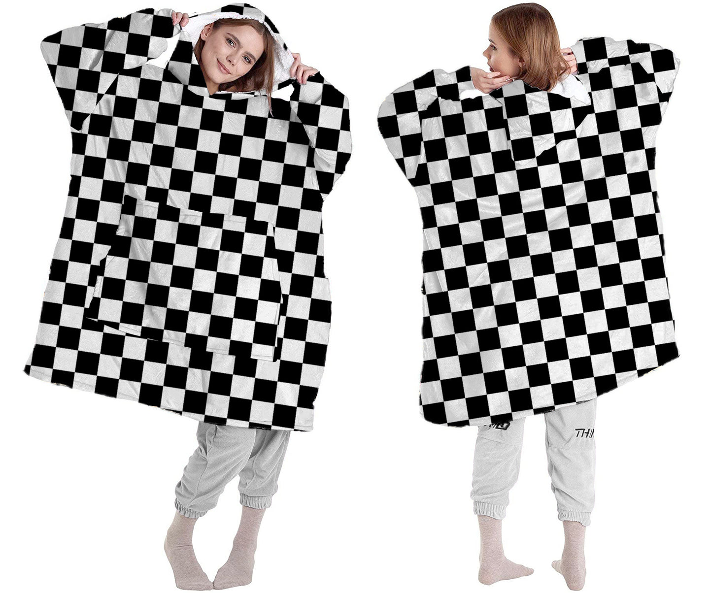 Oversized Sherpa Hooded Blanket (Adult) - "Checkered Flag"