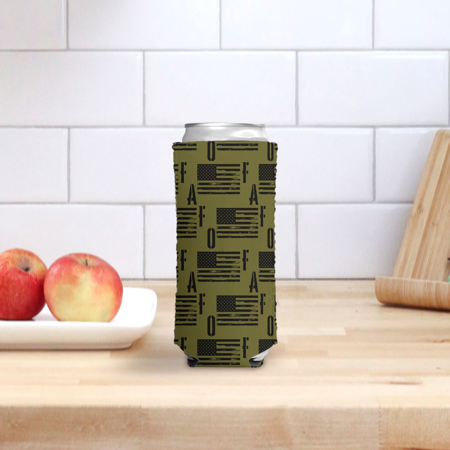 Print On Demand - Slim Can Cooler - "FAFO American Flag" (Olive Green)