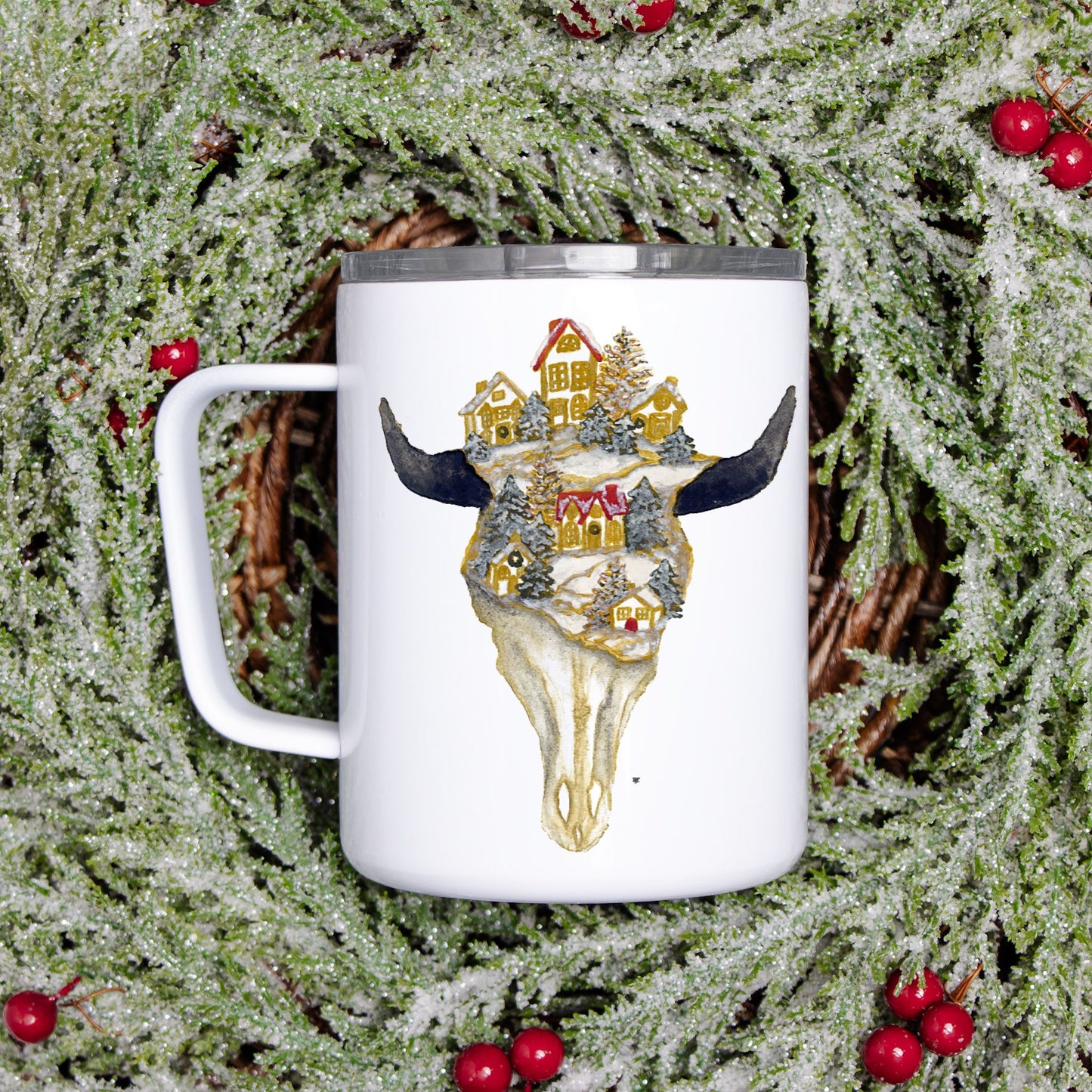 Travel Mug - "Christmas Village Skull"