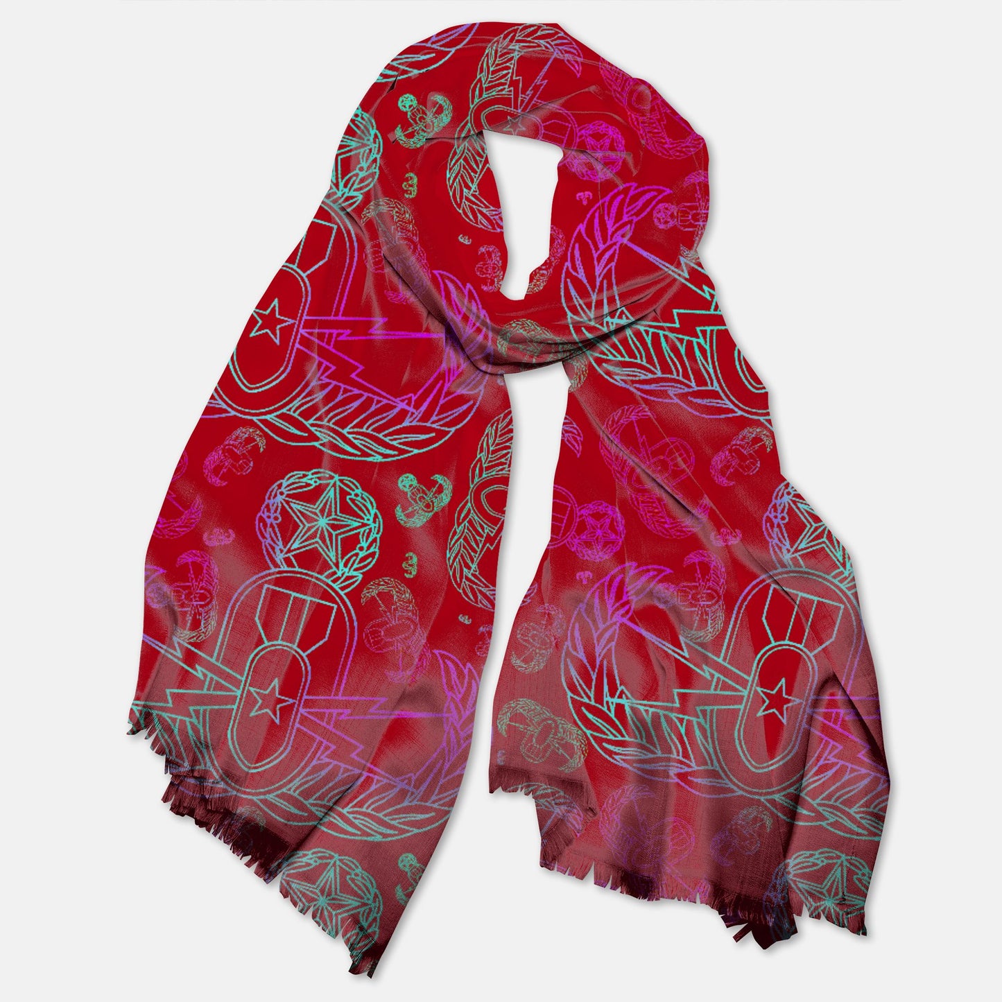 Print On Demand - Pashmina Scarf - "EOD Mixed Badges" (Multicolor on Red)