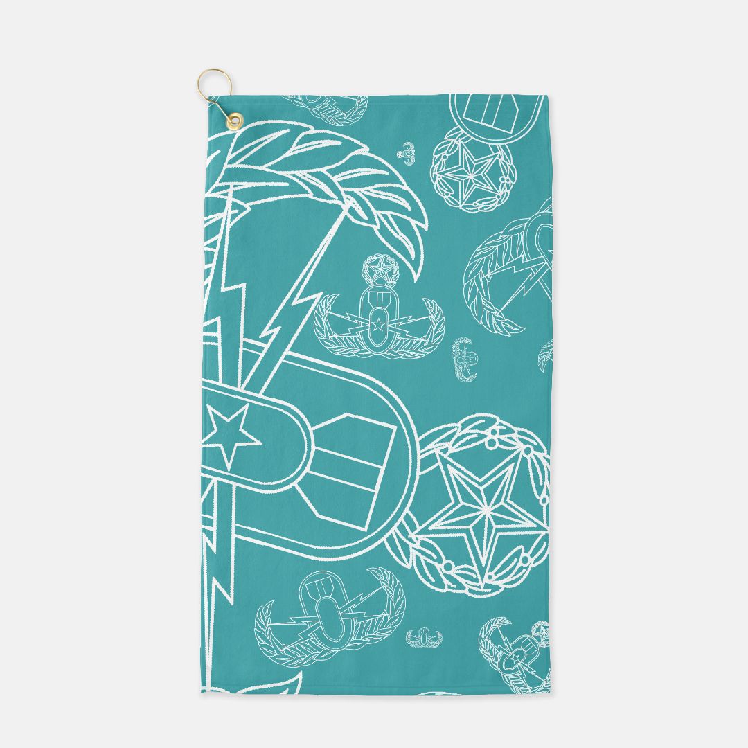Golf Towel - "EOD Mixed Badges" (White on Turquoise)