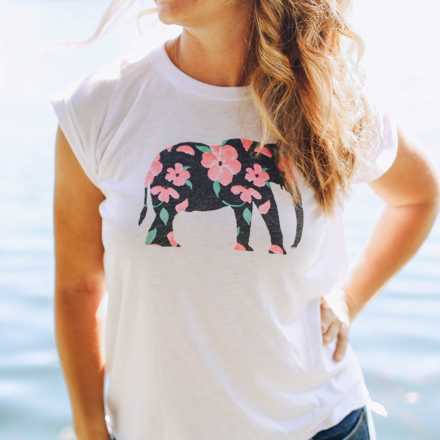T-shirt (Women's Rolled Cuff Sleeve) - "Pink Petal Elephant"