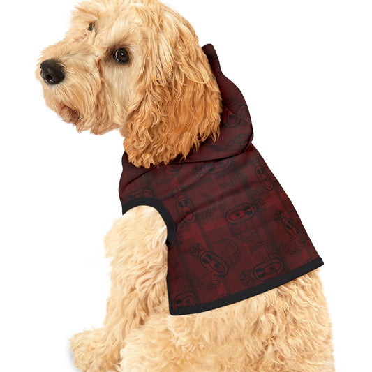 Dog wearing a brown checkered coat on a white background