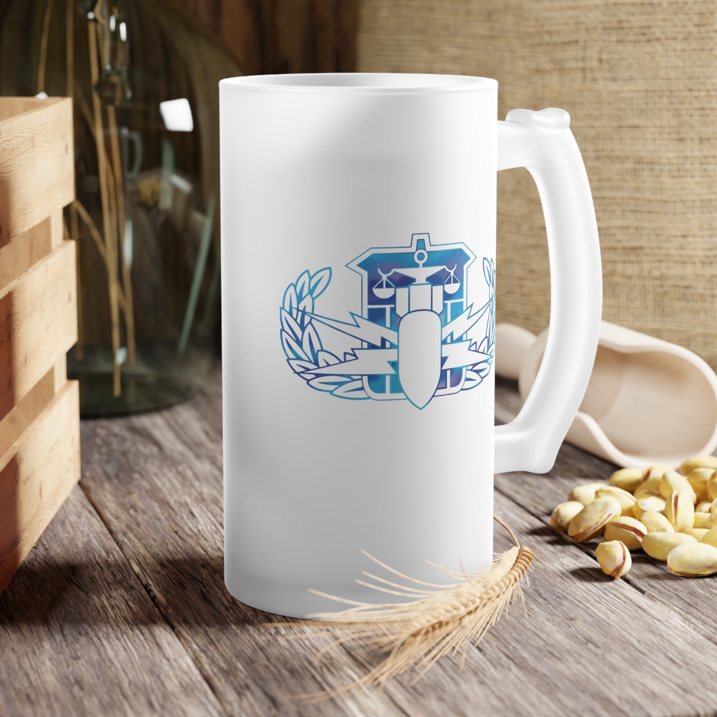 Frosted Glass Beer Mug — Classic Blue Crest Beer Stein