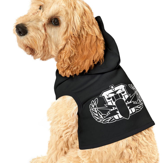 Dog wearing a black hoodie with a graphic design on a white background