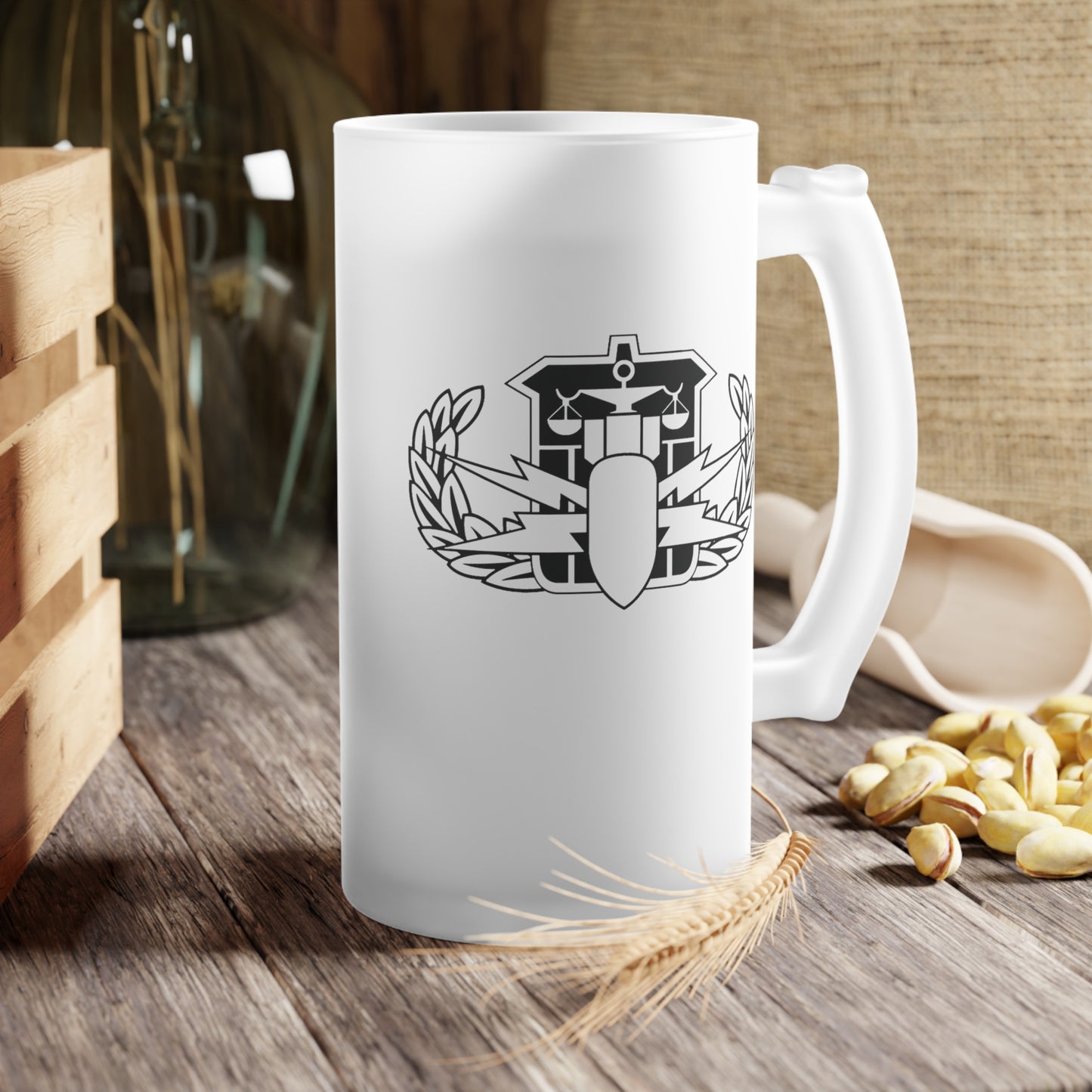 Frosted Beer Mug — Minimal Laurel Emblem Glass Stein