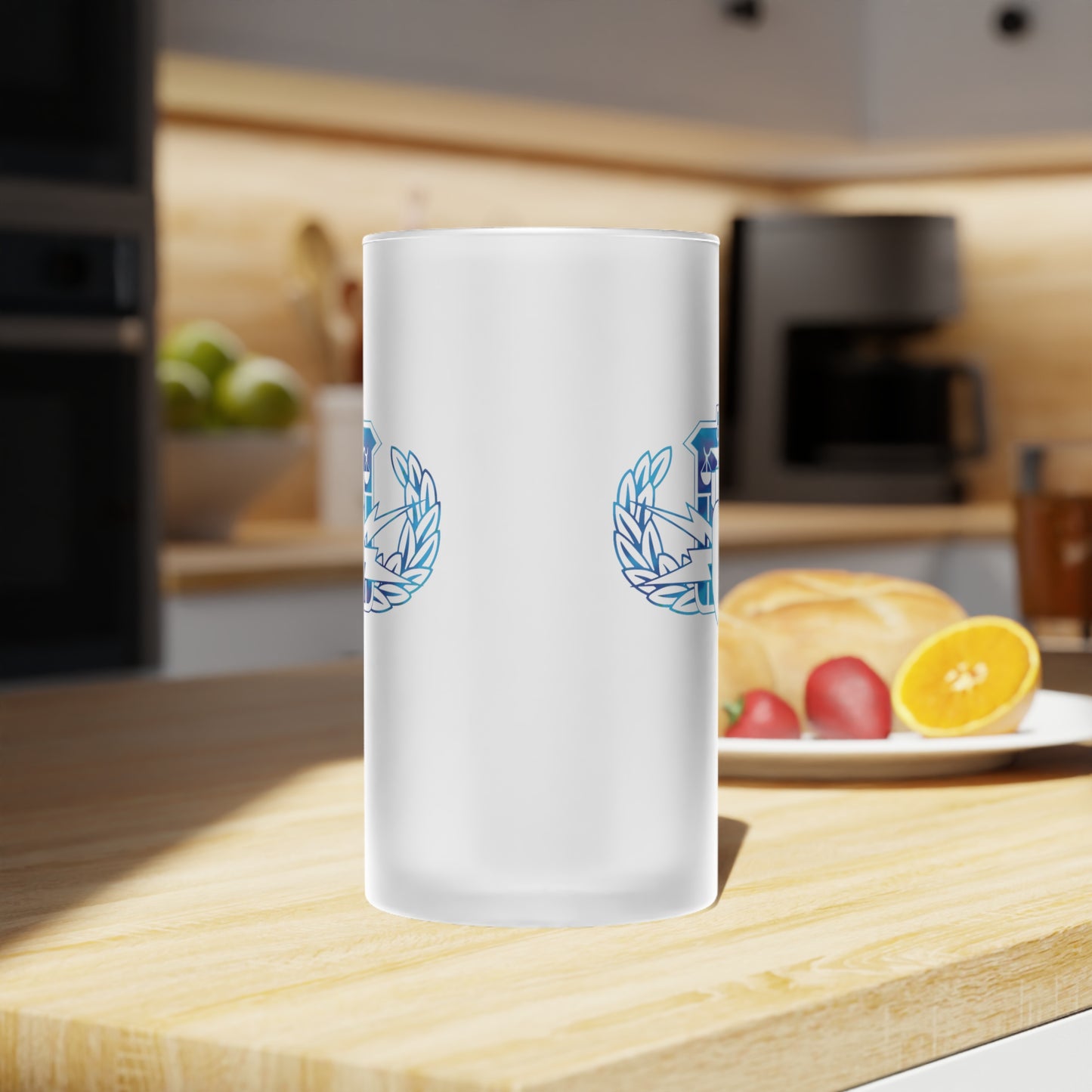 Frosted Glass Beer Mug — Classic Blue Crest Beer Stein