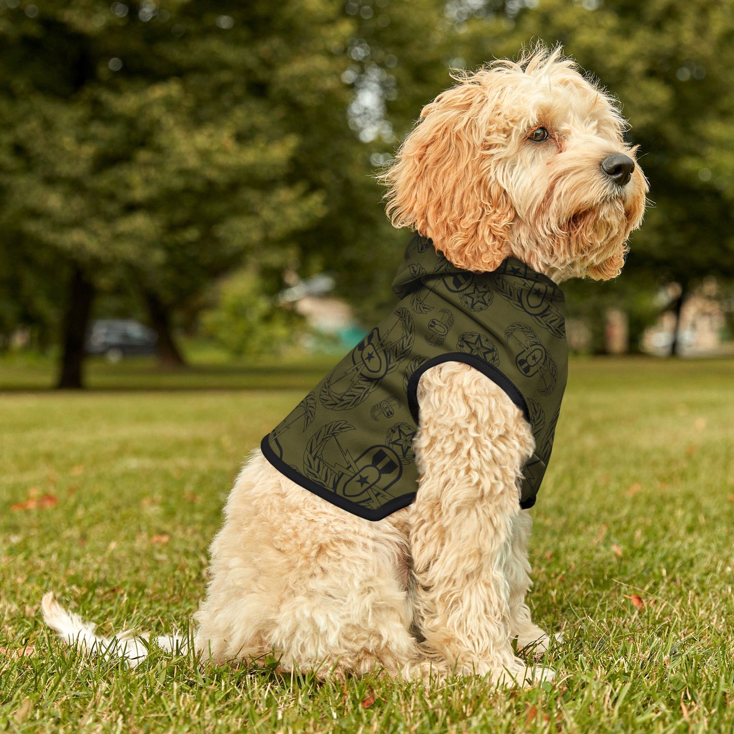 Print On Demand - Pet Hoodie — "EOD Badges x 3" (Black on Olive)