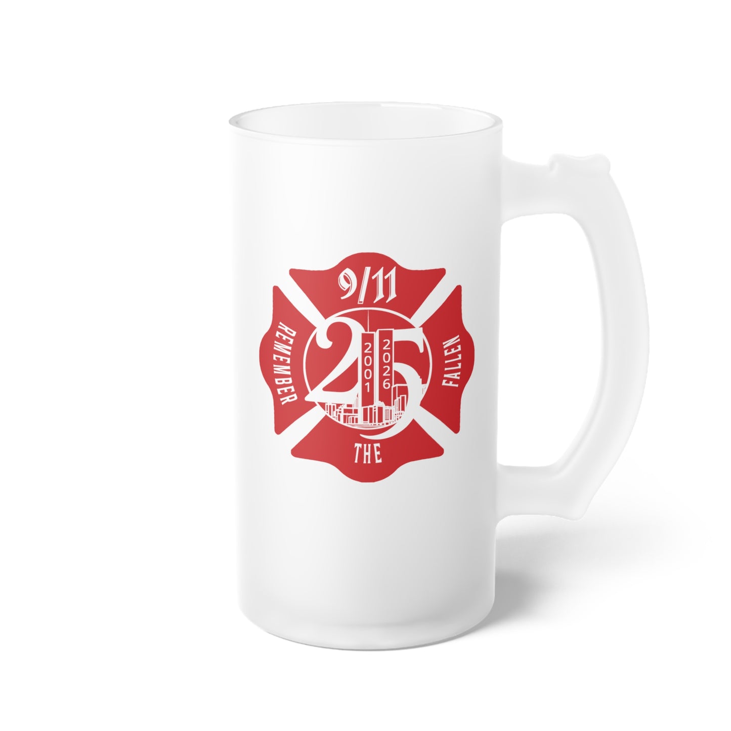 Frosted Glass Beer Mug — Red Firefighter Maltese Cross Beer Stein