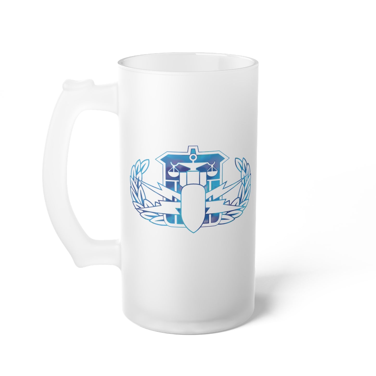 Frosted Glass Beer Mug — Classic Blue Crest Beer Stein