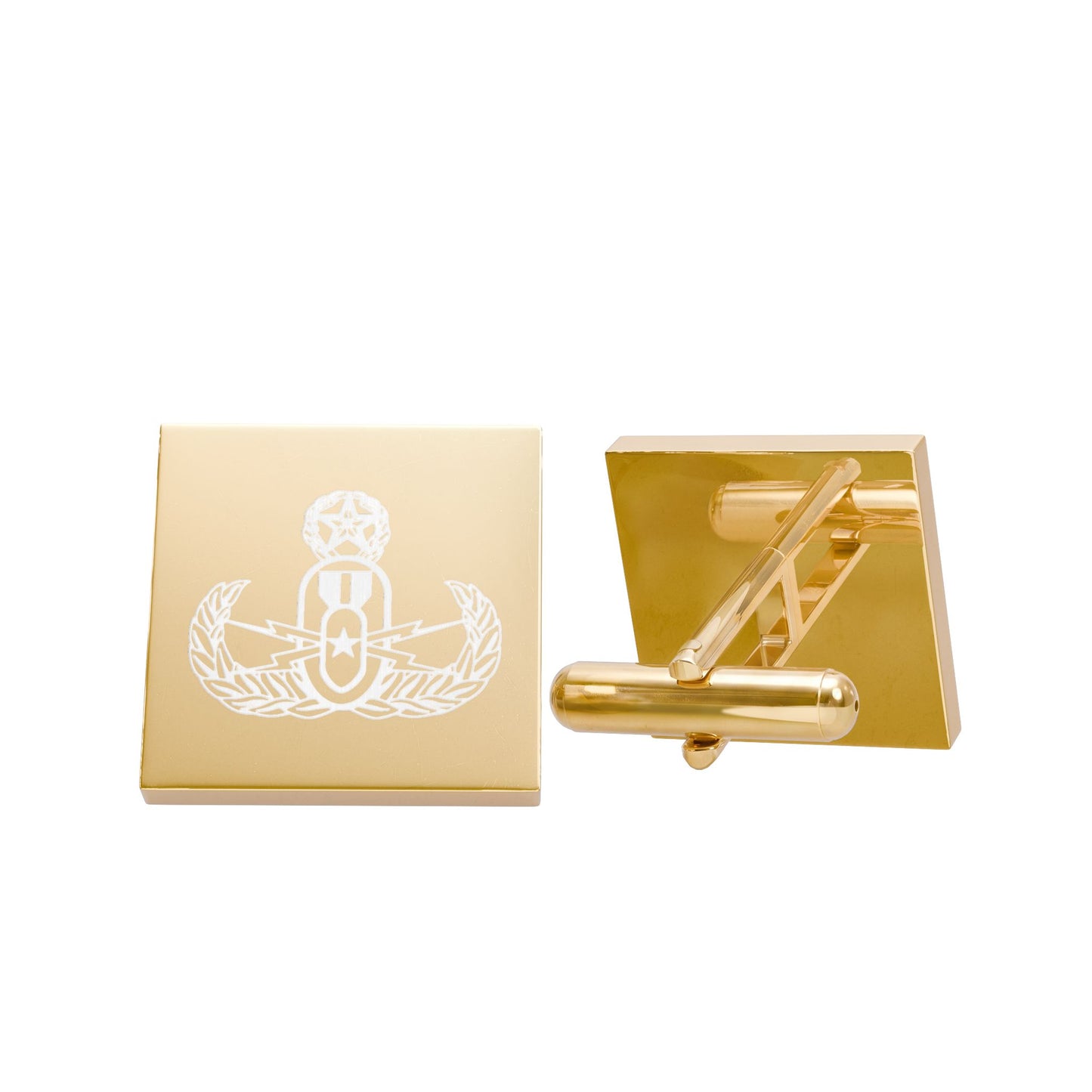 Gold Square Cufflinks with White Crest Motif — Elegant Formal Accessory