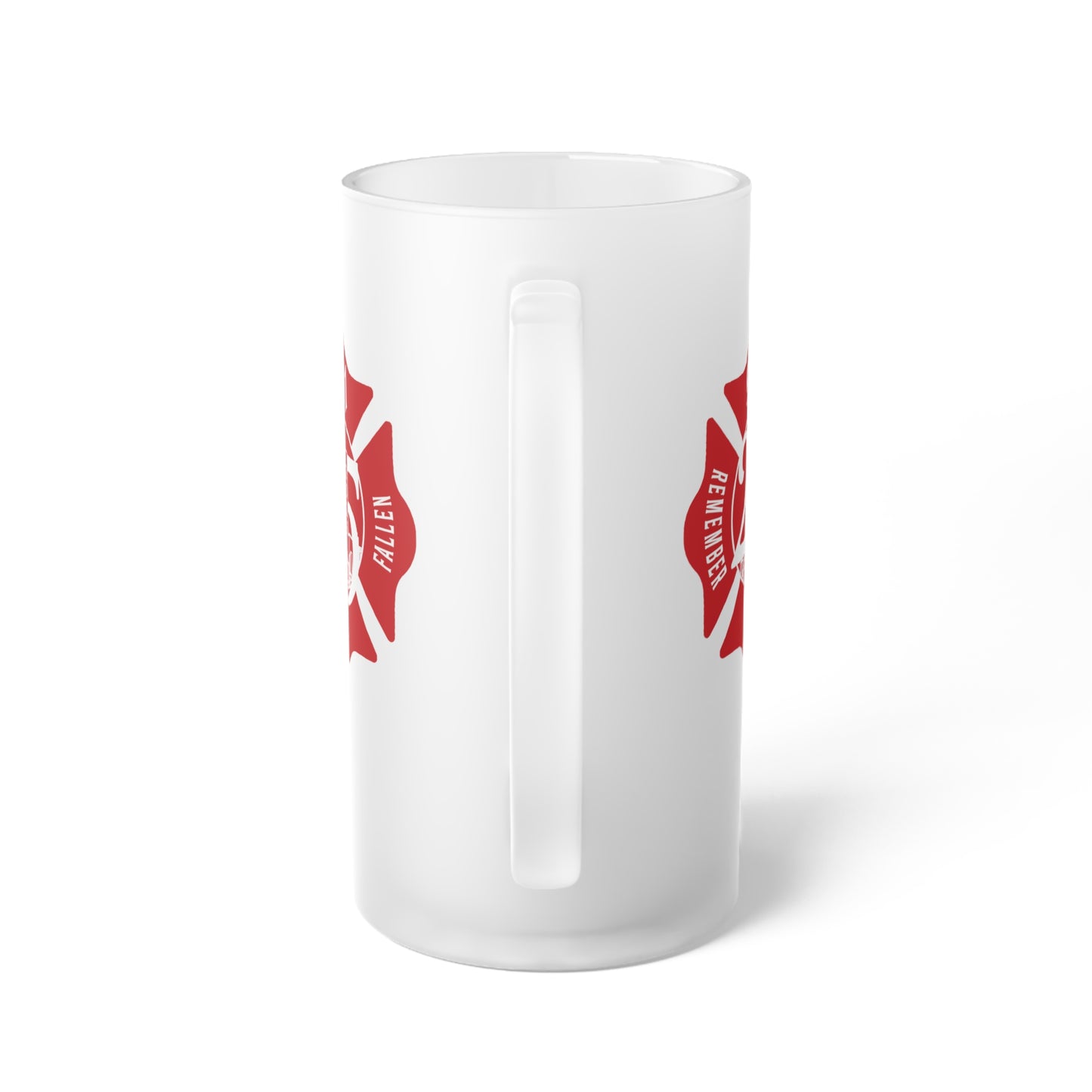 Frosted Glass Beer Mug — Red Firefighter Maltese Cross Beer Stein