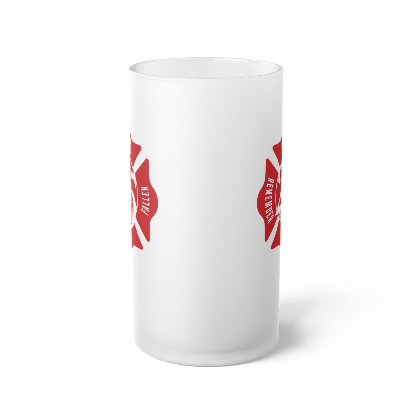 Frosted Glass Beer Mug — Red Firefighter Maltese Cross Beer Stein