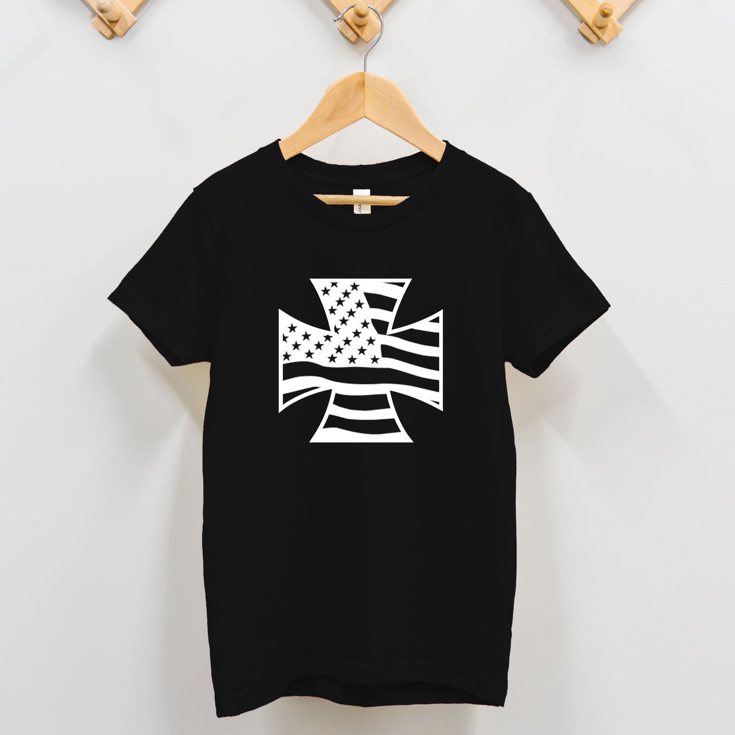 Toddler T-shirt - "American Flag Iron Cross" (White on Black)