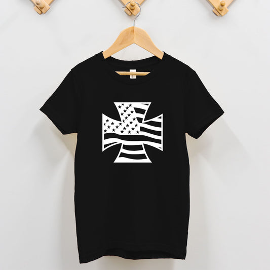 Toddler T-shirt - "American Flag Iron Cross" (White on Black)