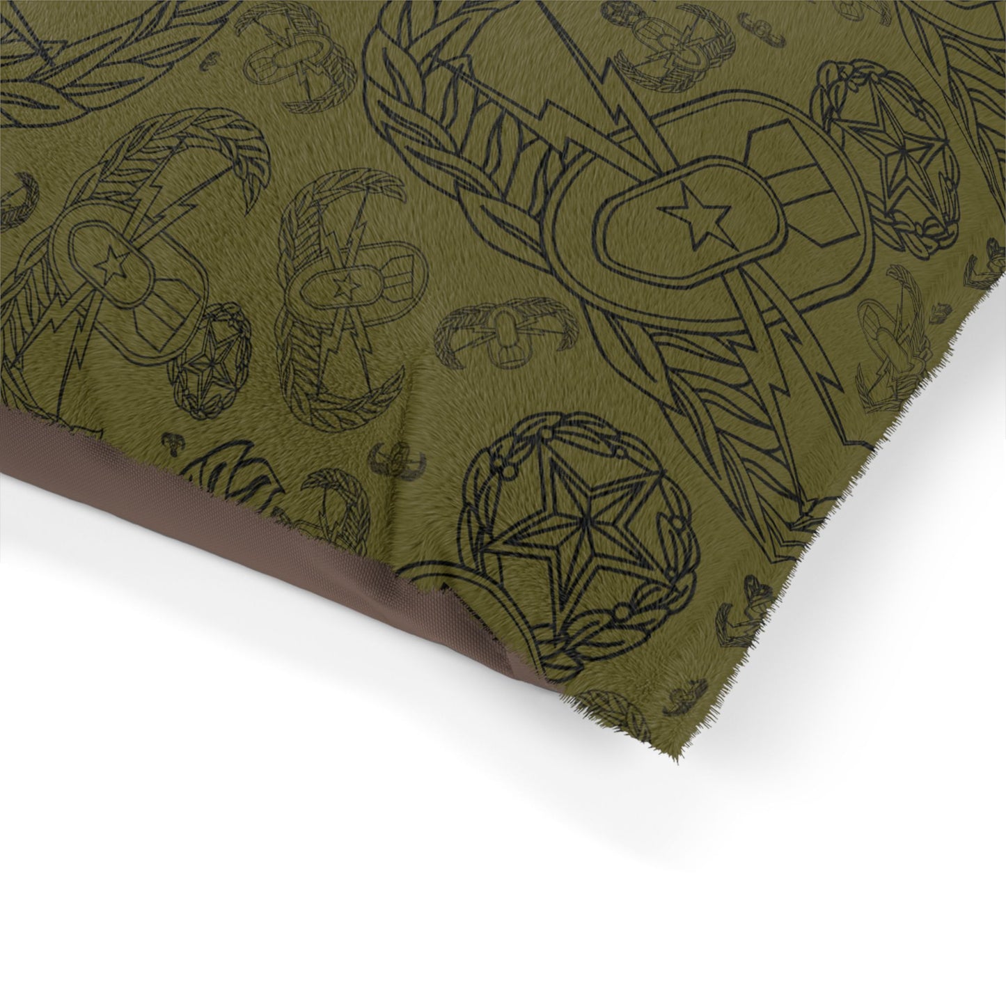 Pet Bed — "EOD Mixed Badges" (Black on Olive)