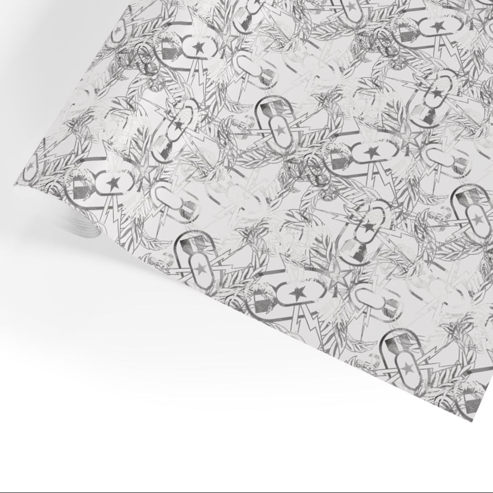 Patterned fabric with a black and white design on a white background