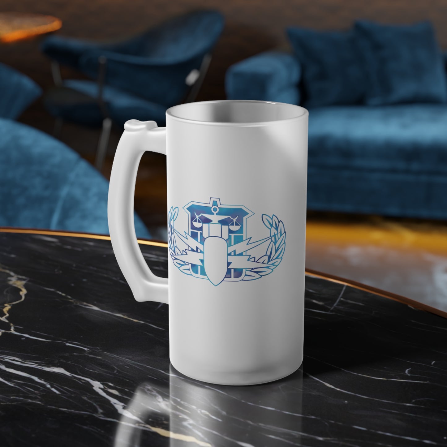 Frosted Glass Beer Mug — Classic Blue Crest Beer Stein