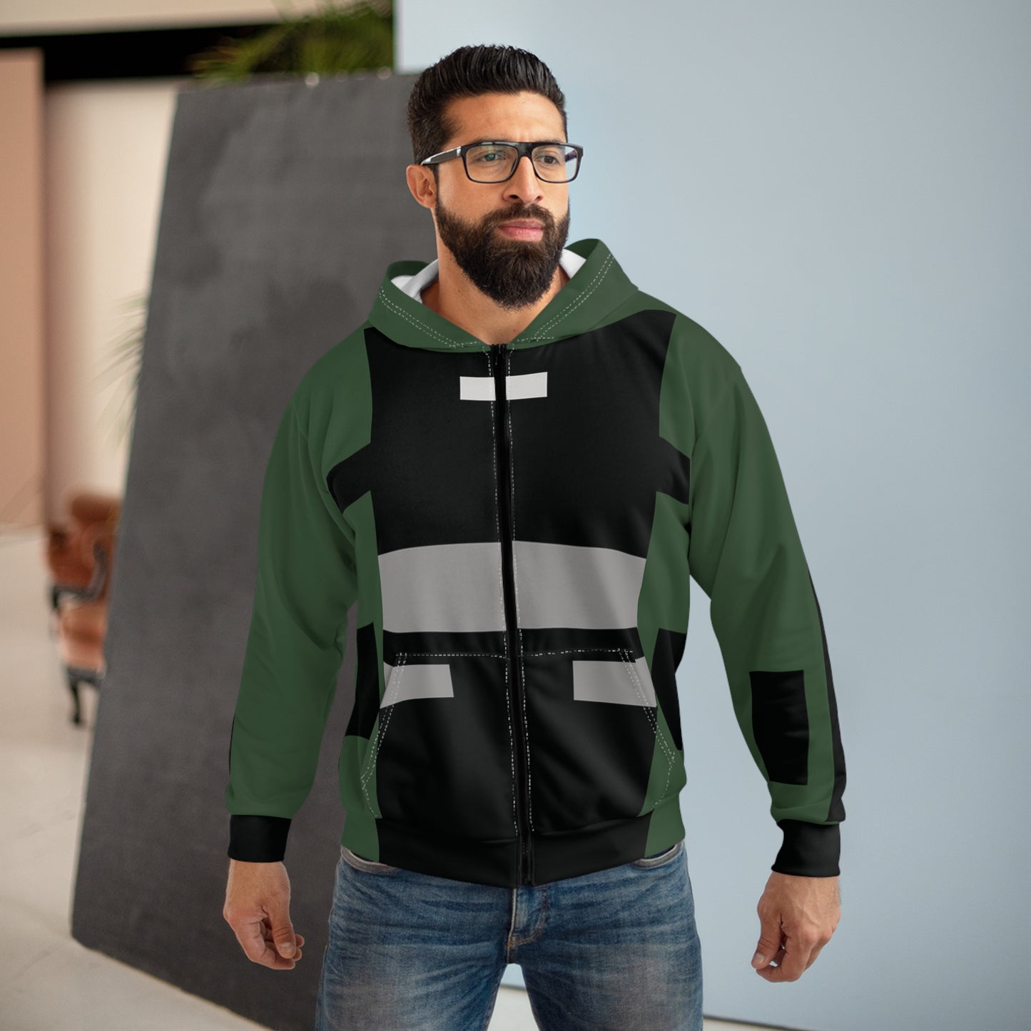 Military Green Zip Hoodie — Tactical Stripe Full-Zip Jacket