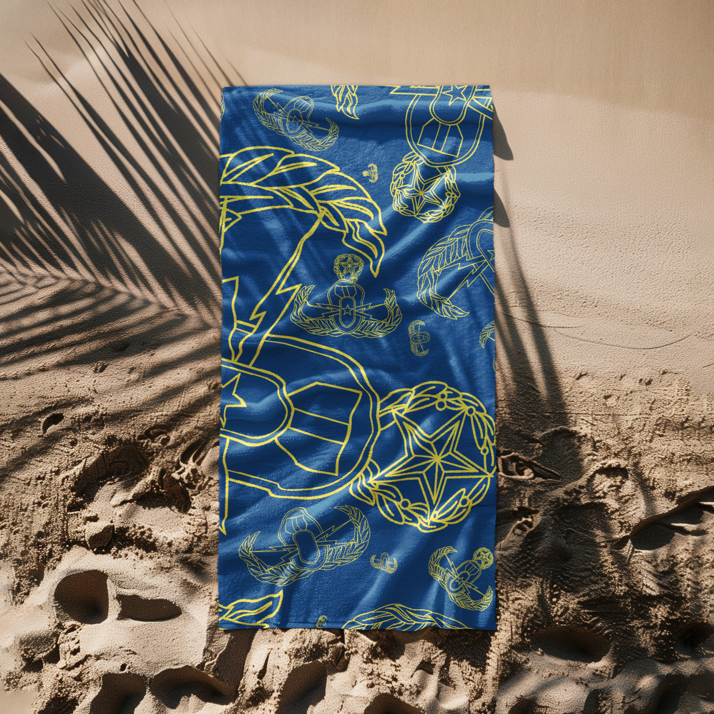 Beach Towel - "EOD Mixed Badges" Yellow on Blue