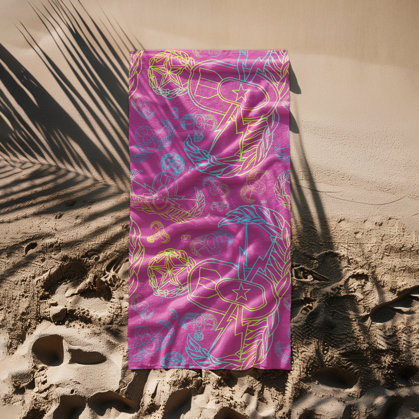 Beach Towel - "EOD Mixed Badges" Multicolor on Pink