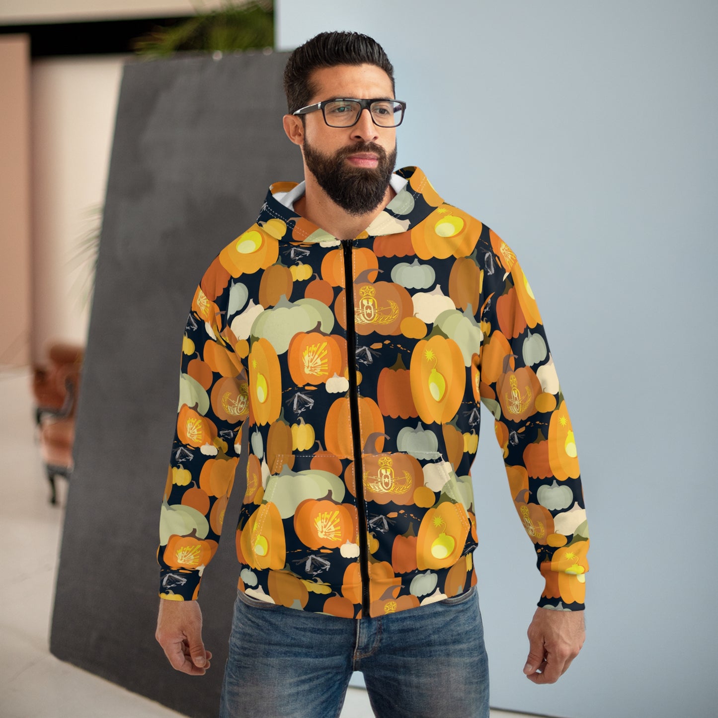 Pumpkin Patch Zip Hoodie – All-Over-Print Halloween Sweatshirt