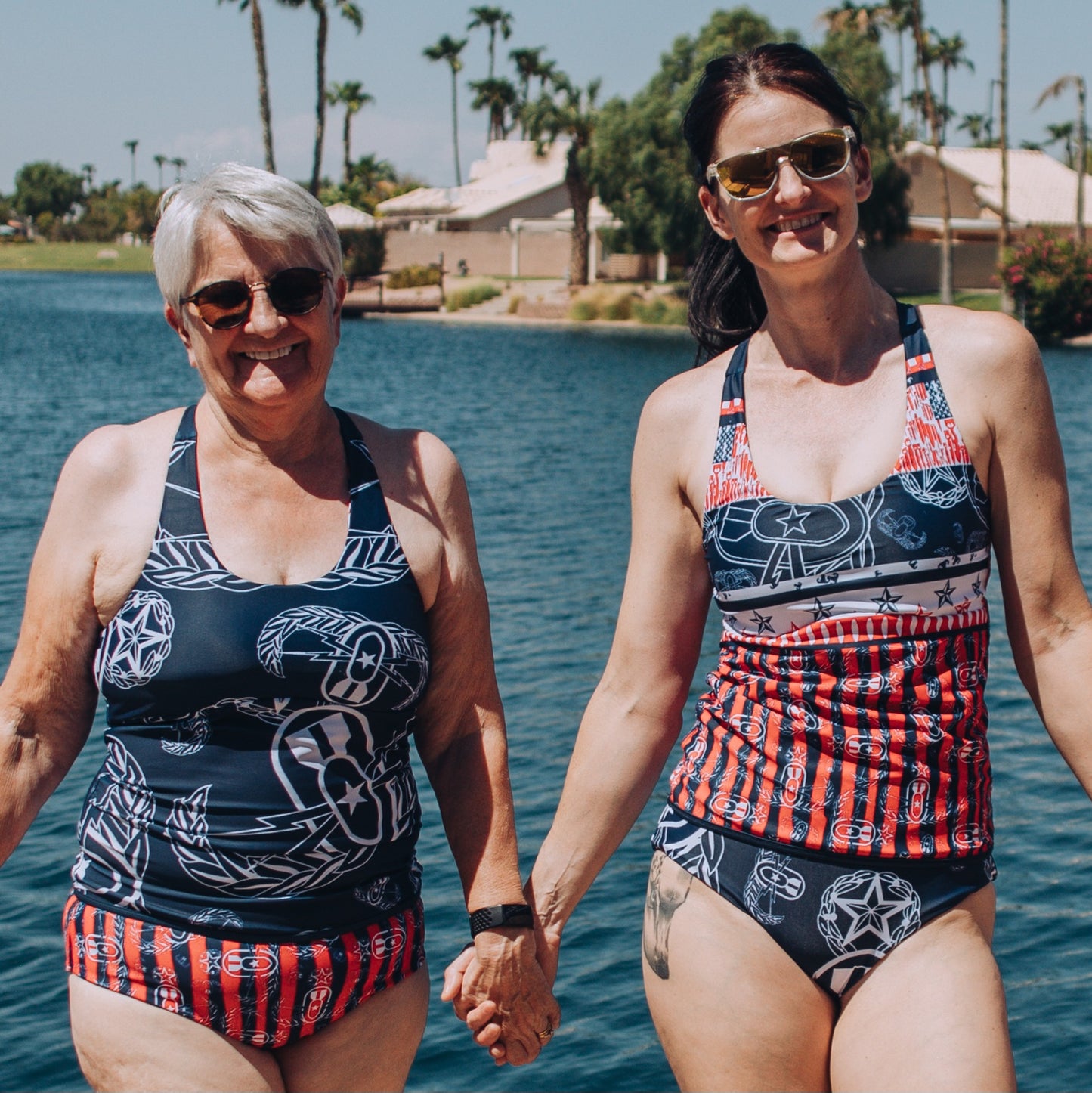 "EOD Stars and Stripes" Reversible Two Piece Tankini Swimsuit (Red, White, and Blue)