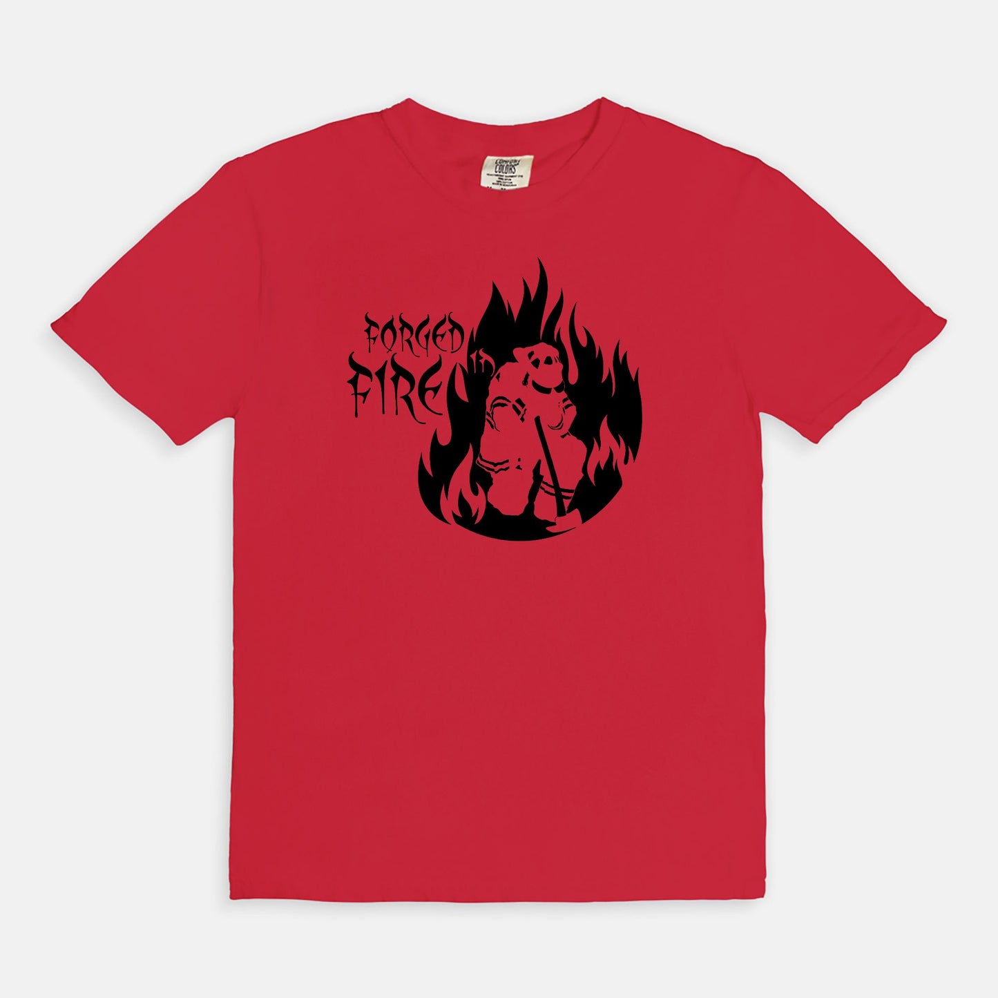 Comfort T-shirt - "Forged in Fire" (Black on Red)