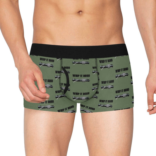 Green boxer briefs with black waistband and graphic design on a white background