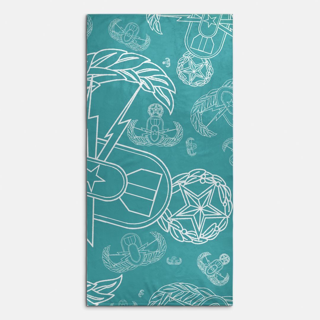 Beach Towel - "EOD Mixed Badges" White on Turquoise