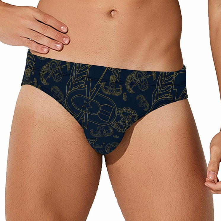Men's Swim Briefs - "Mixed EOD Badges" (Gold on Navy)