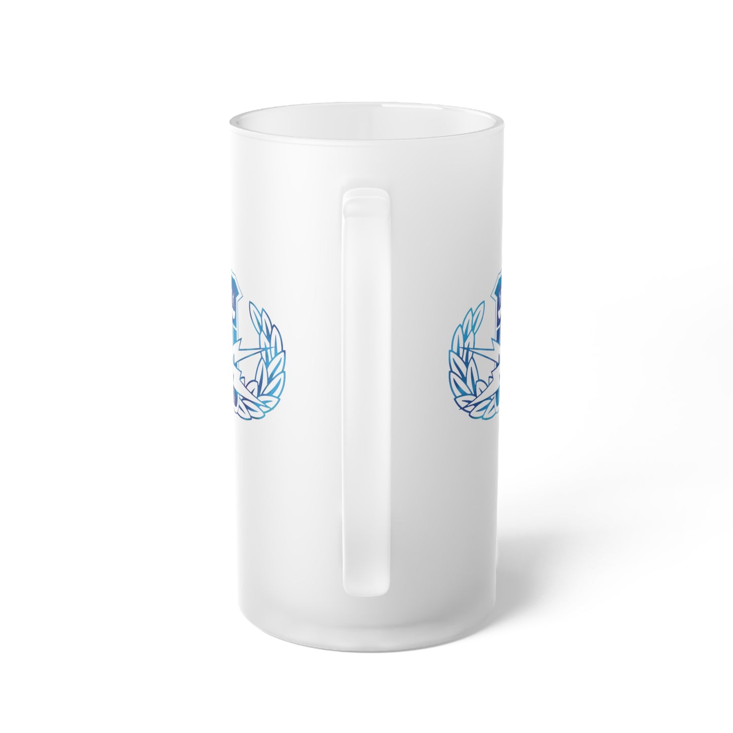 Frosted Glass Beer Mug — Classic Blue Crest Beer Stein