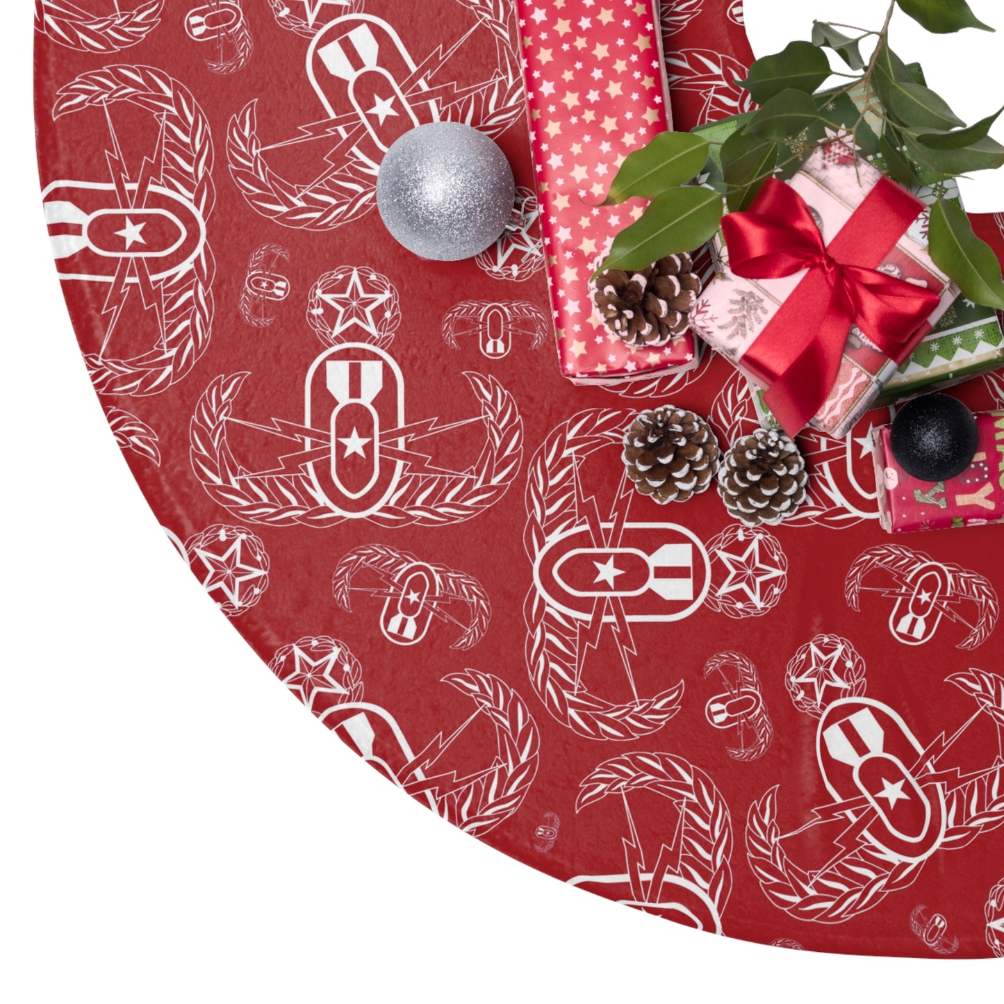 Tree Skirt — "EOD Badges x 3" (White on Red)