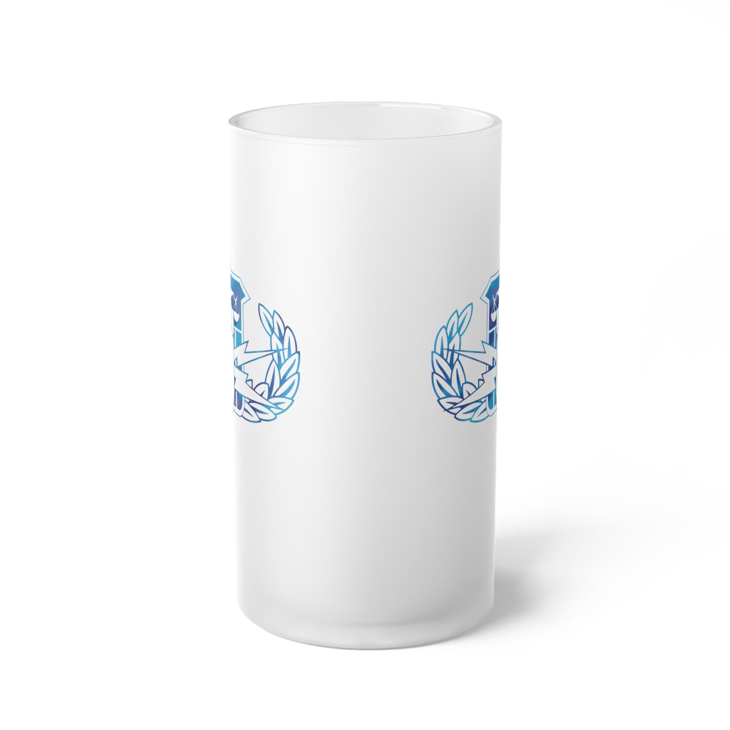Frosted Glass Beer Mug — Classic Blue Crest Beer Stein