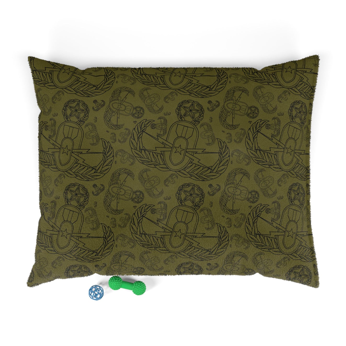 Pet Bed — "EOD Mixed Badges" (Black on Olive)