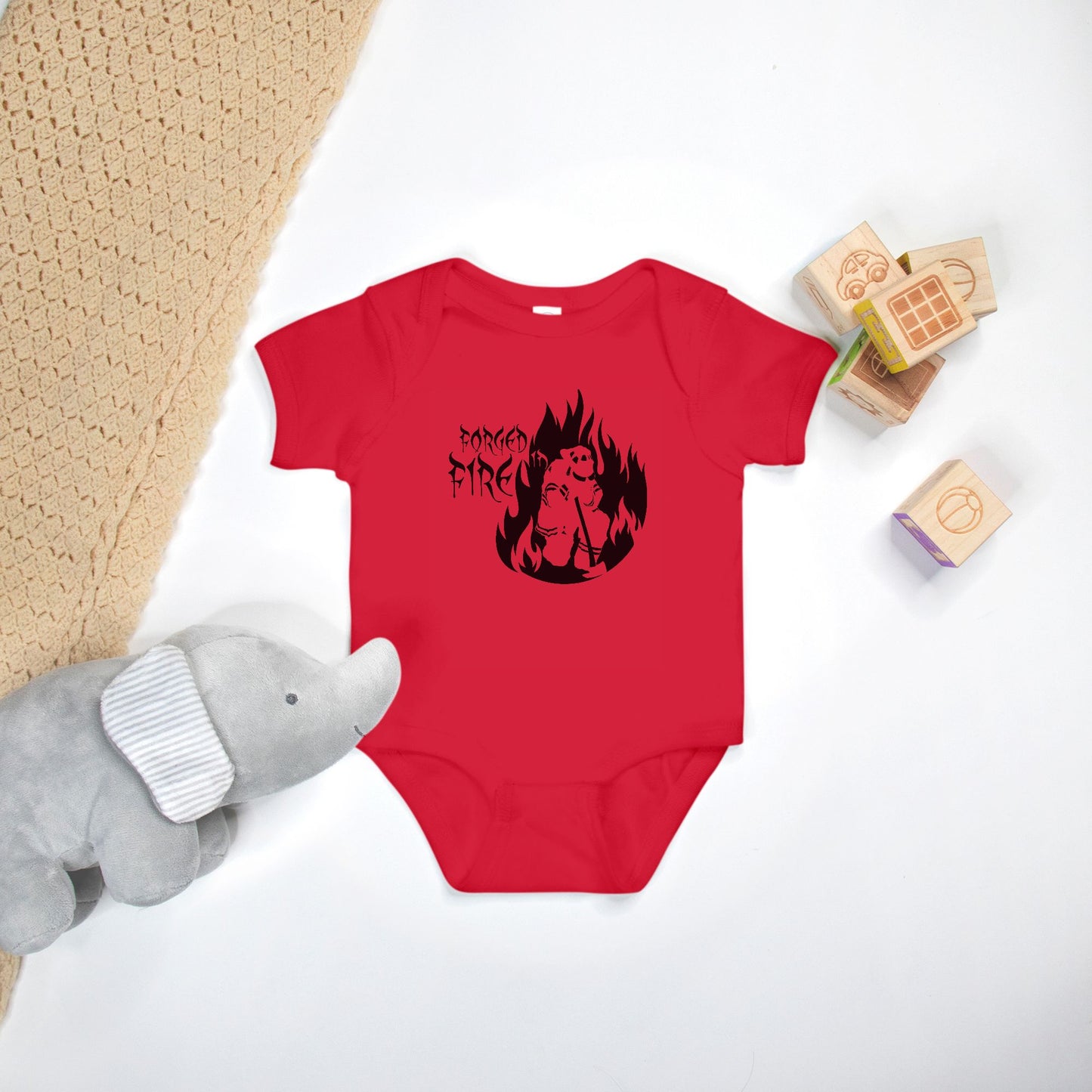Onesie - "Forged in Fire" (Black on Red)