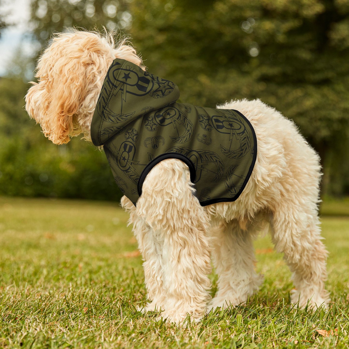 Print On Demand - Pet Hoodie — "EOD Badges x 3" (Black on Olive)