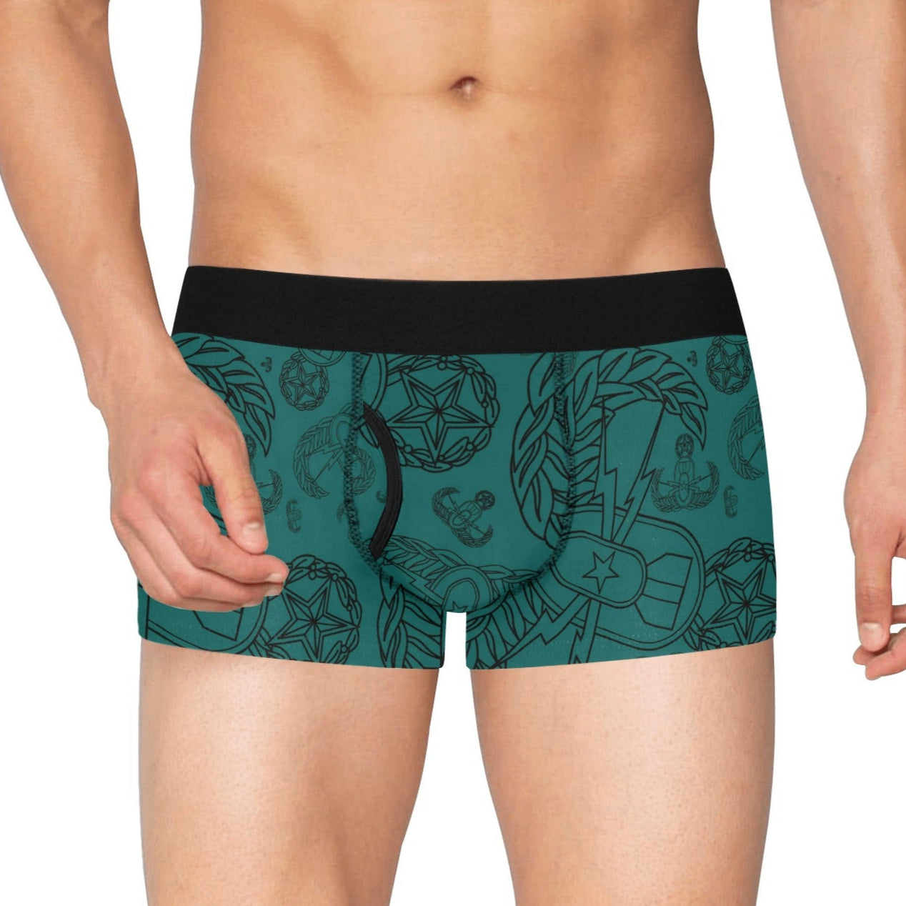 Men's Boxer Briefs with Fly - "EOD Mixed Badges" (Black on Teal)