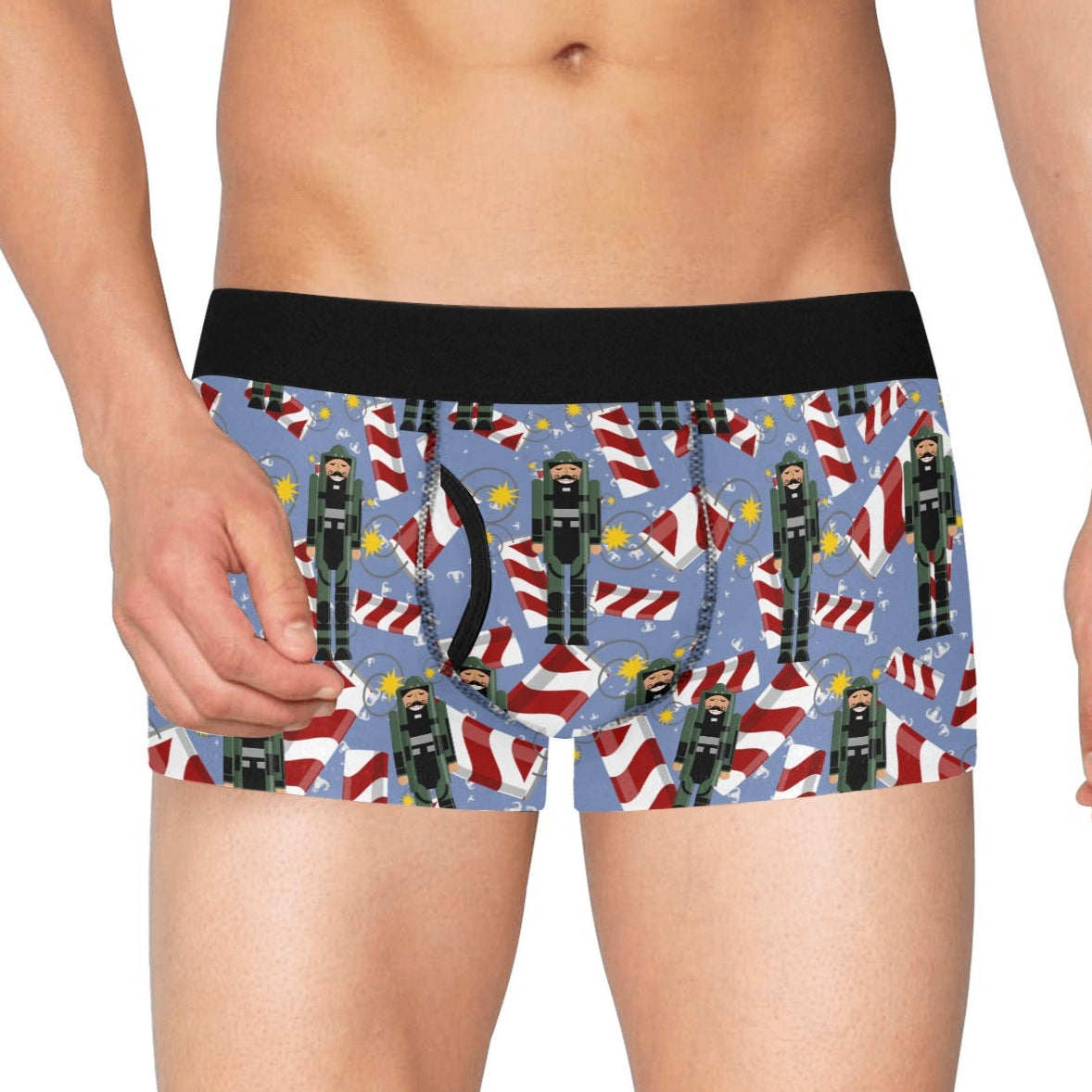 Boxer briefs with nutcracker and candy cane pattern on a white background
