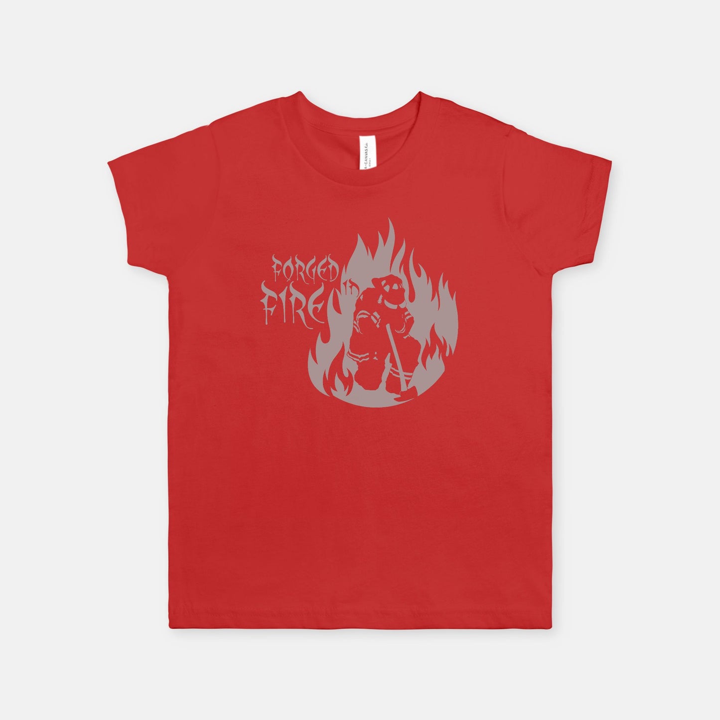Youth T-shirt - "Forged in Fire" (Grey on Red)