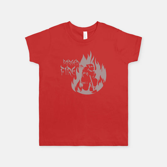Youth T-shirt - "Forged in Fire" (Grey on Red)