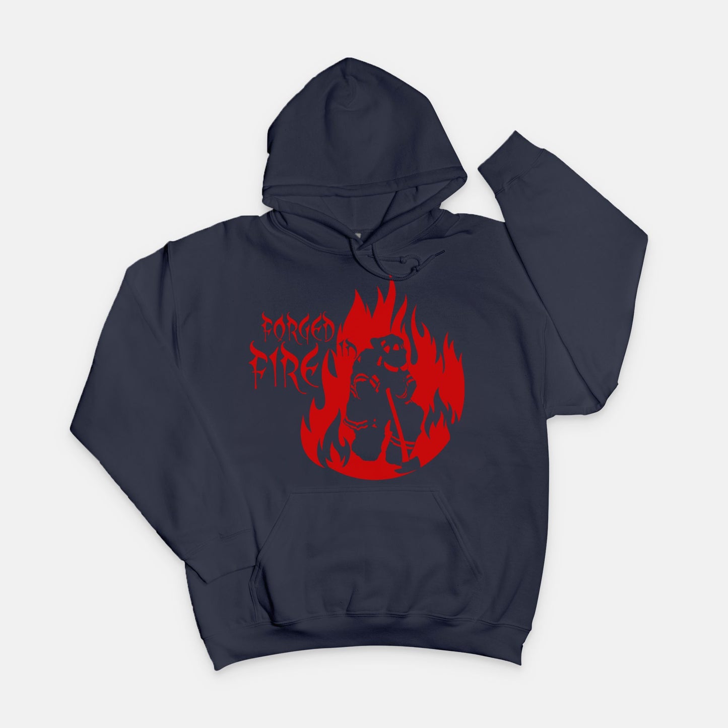 Hoodie - "Forged in Fire" (Red on Navy)