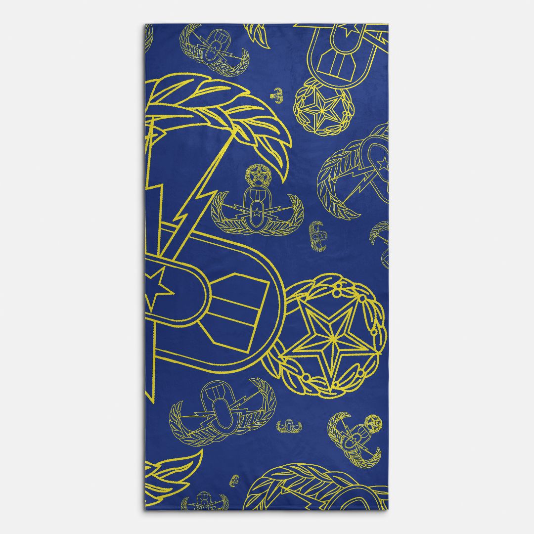 Beach Towel - "EOD Mixed Badges" Yellow on Blue