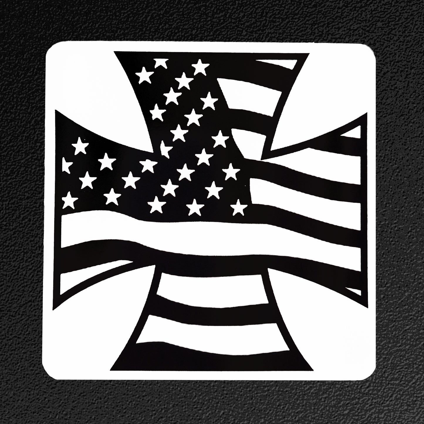 Black and white American flag design on a textured black background