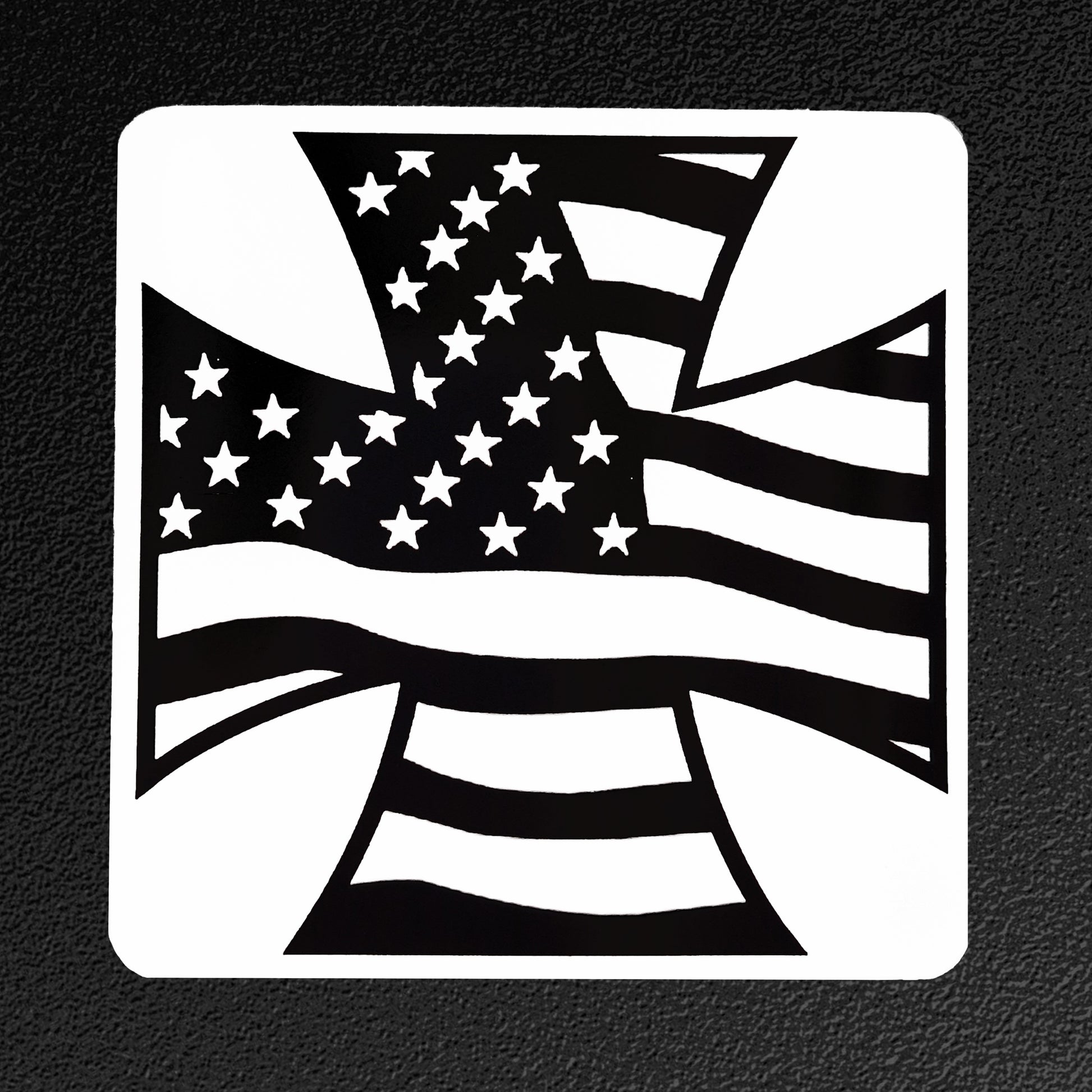 Black and white American flag design on a textured black background