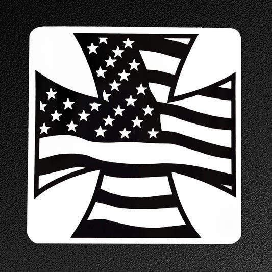 Black and white American flag design on a textured black background