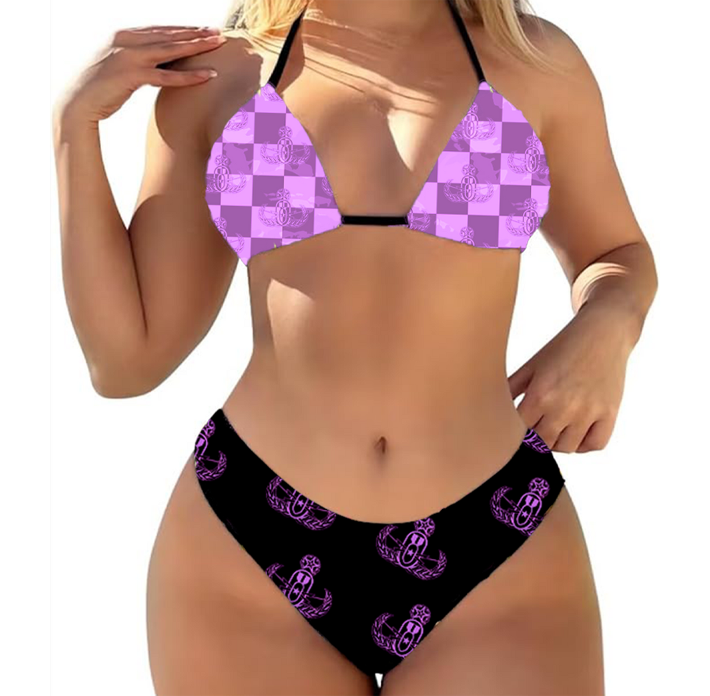 Women's String Bikini Style 3 - "EOD Buffoulage Checkered Flag" (Lilac & Black)