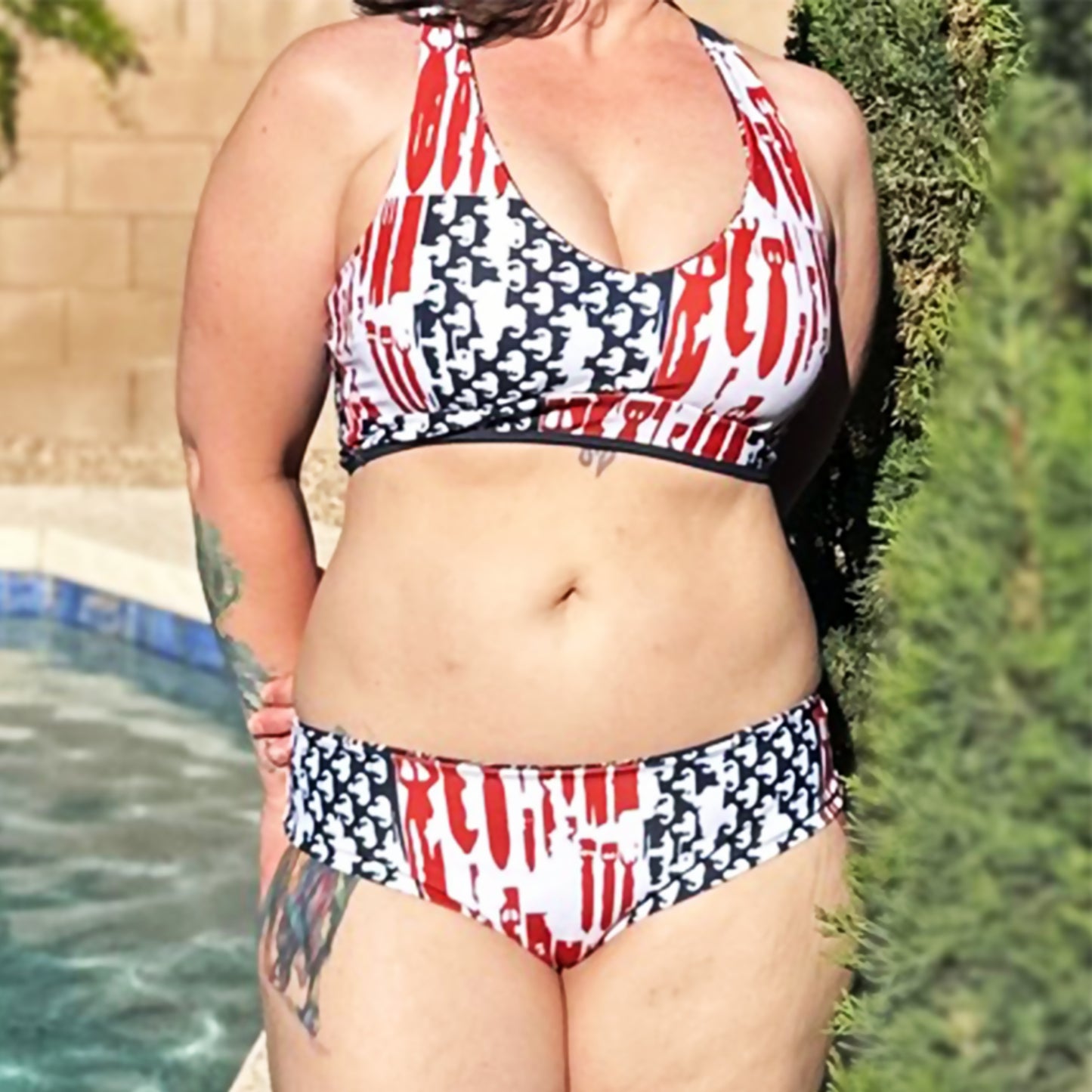 "EOD Bomb Flag" Reversible Two Piece Bikini Swimsuit (Red, White, and Blue)