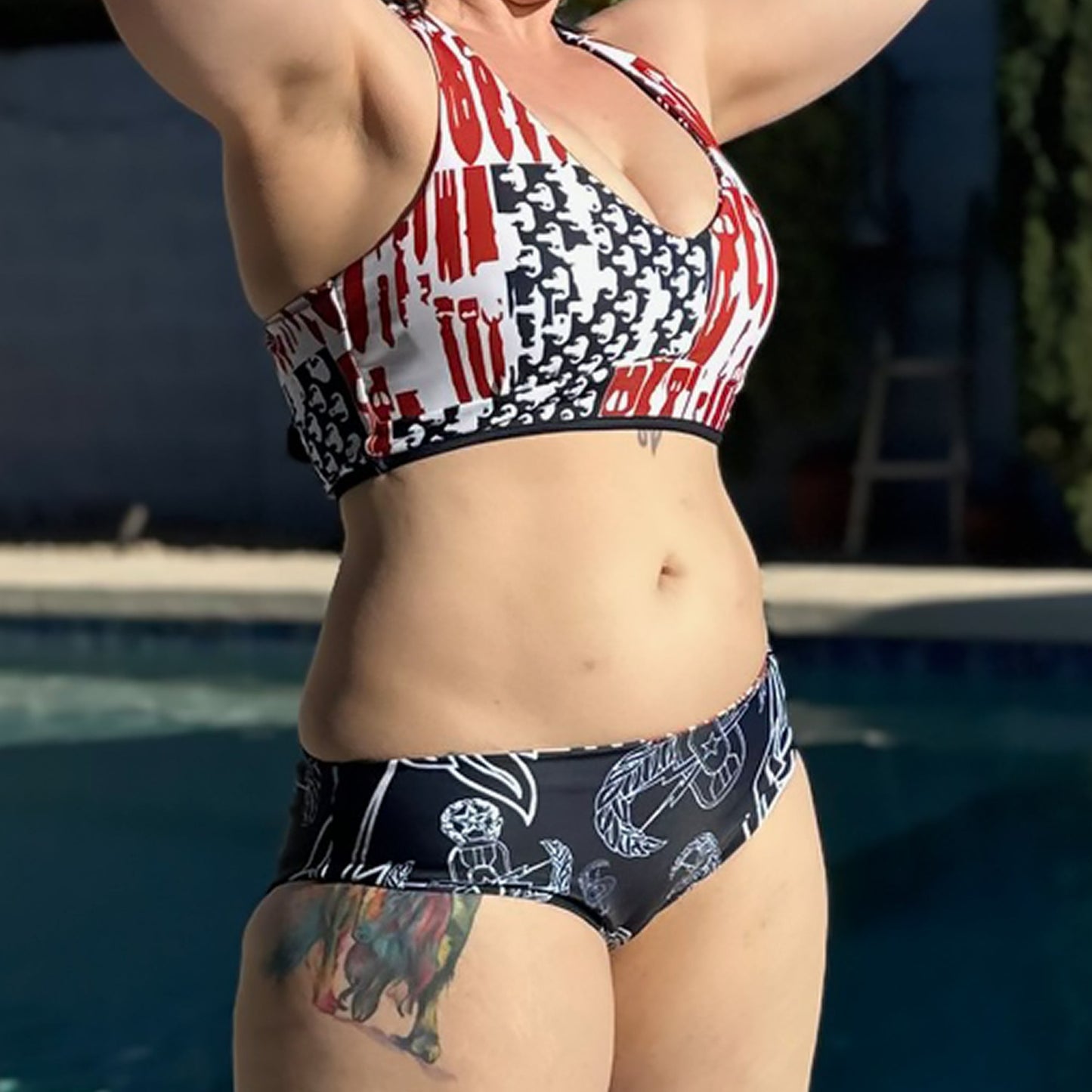 "EOD Bomb Flag" Reversible Two Piece Bikini Swimsuit (Red, White, and Blue)